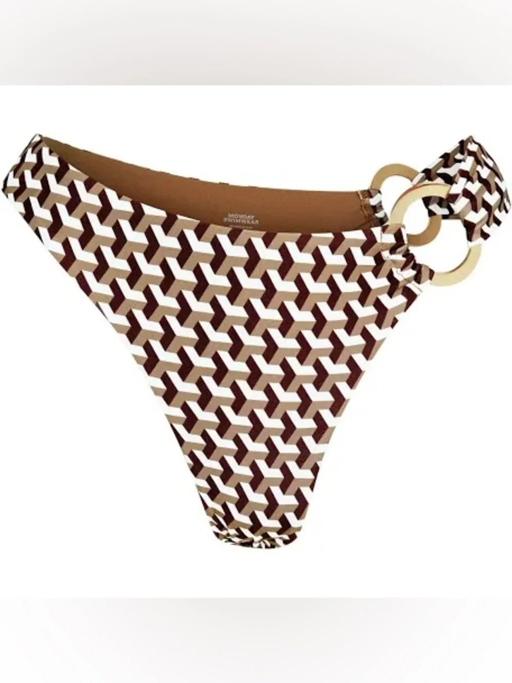 Monday Swimwear Brown White Geo-Print Bikini Bottom with Gold Rings